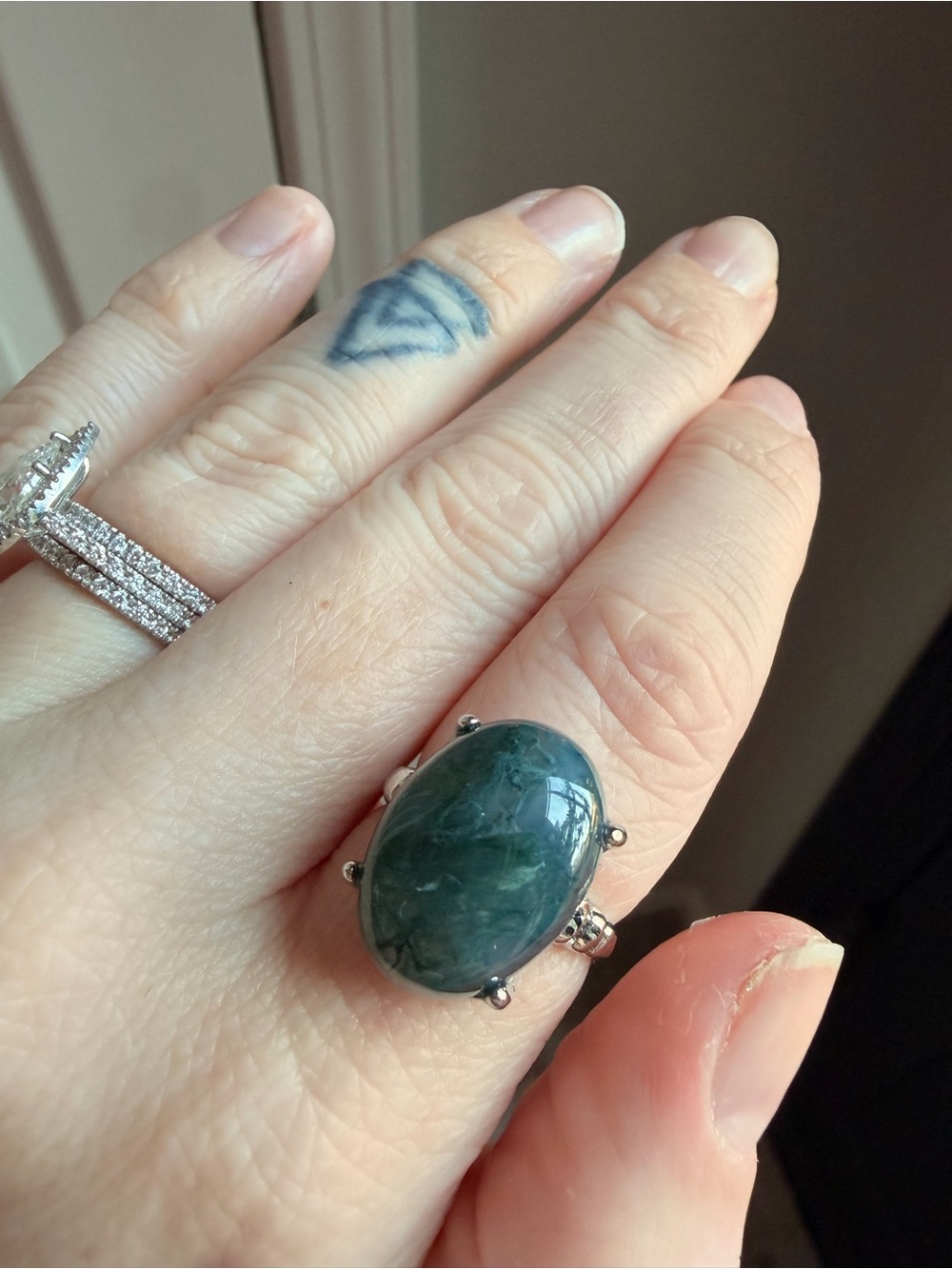 Adjustable Silver Moss Agate Ring - Women Jewelry